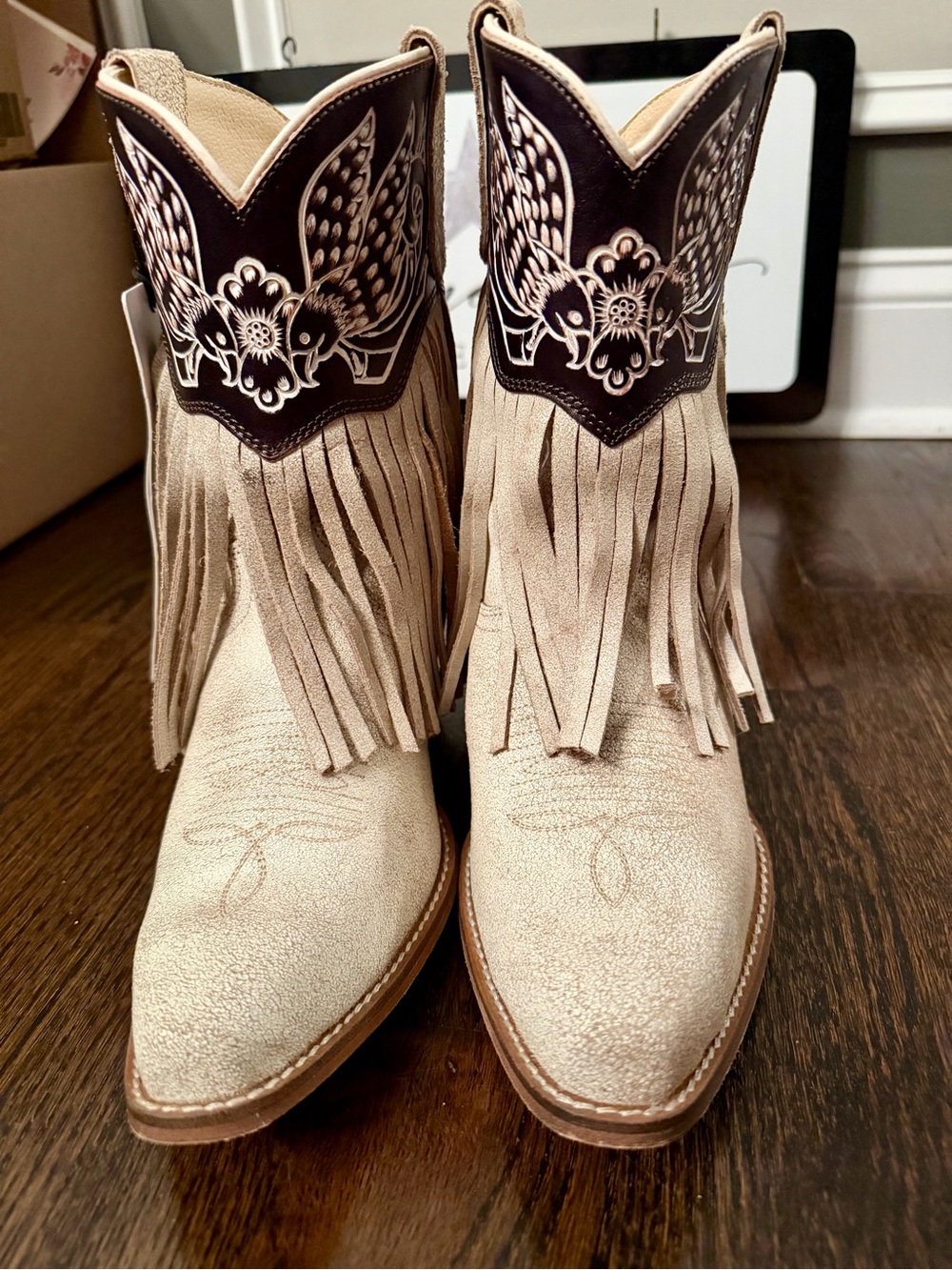 Myra Bag Cream Fringe Ankle Boots with Black Embroidered Angel Wings Size 8